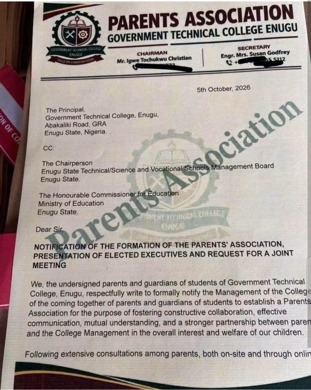 Growing Unrest as Parents’ Association Alleges Poor Student Welfare, Feeding Delays, and Lacking Facilities at GTC Enugu