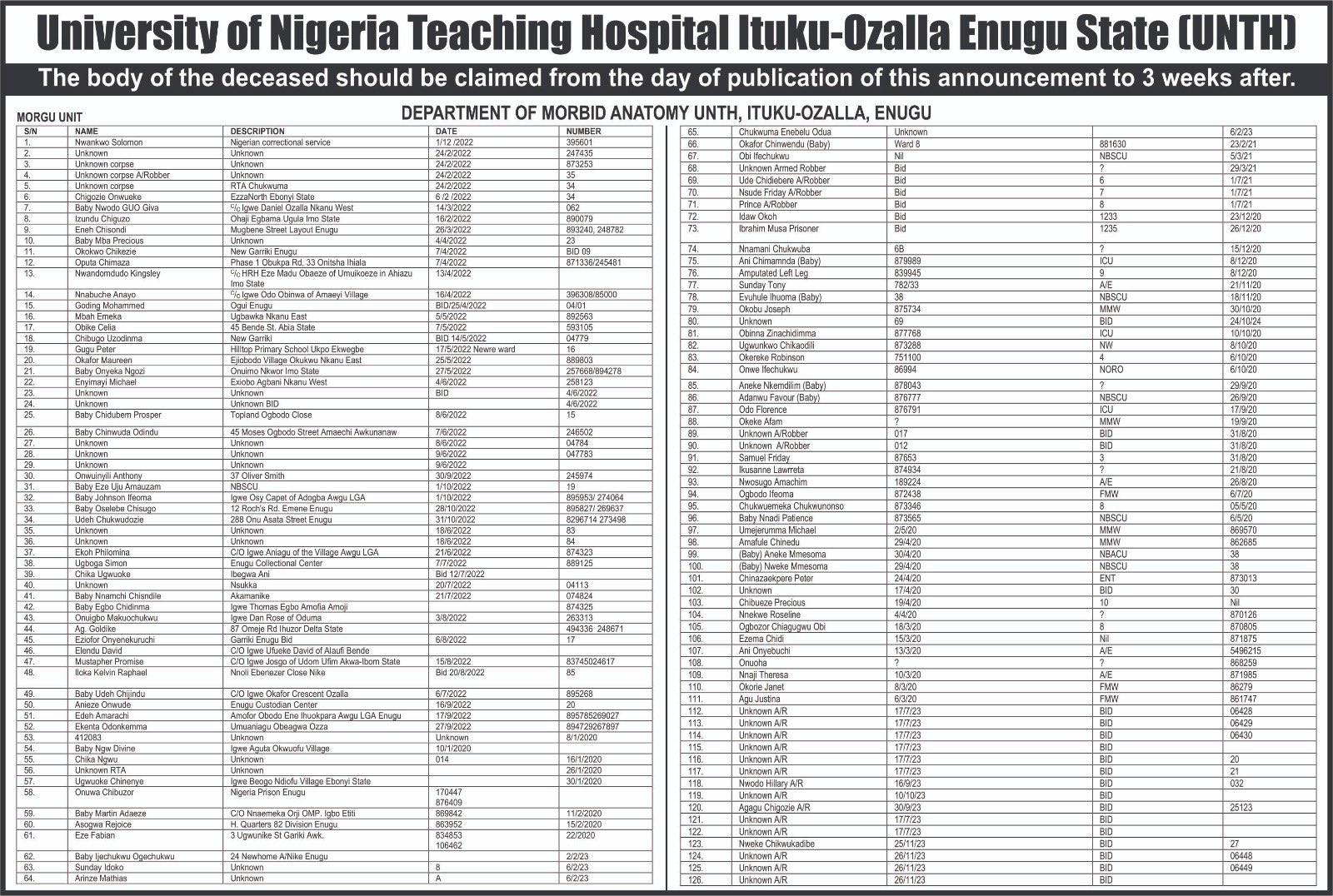 A Macabre Monument of State Failure: UNTH Threatens Mass Burial for 126 Unclaimed Corpses as Enugu Morgues Overflow with Victims of Insecurity and Neglect