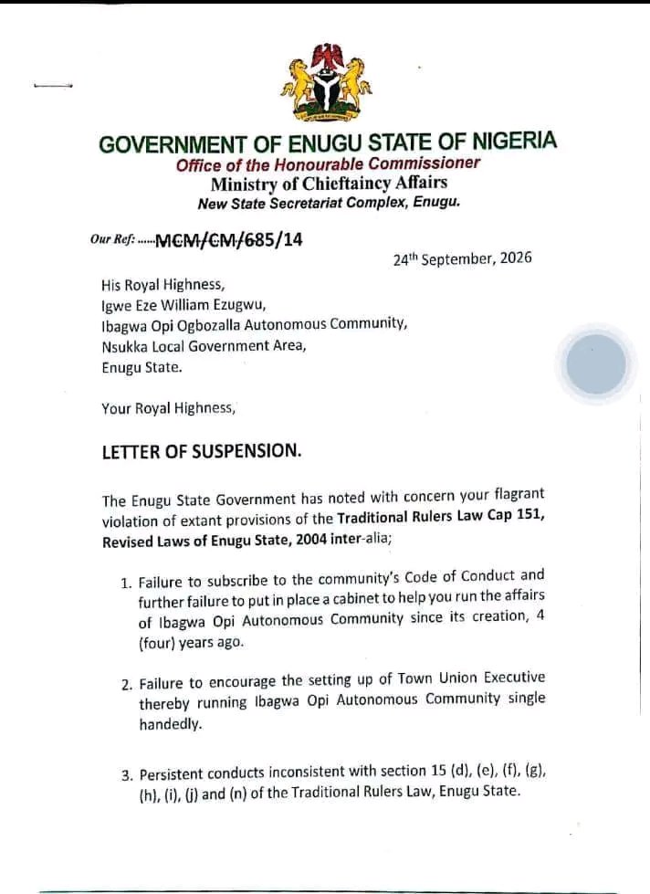 GOVERNMENT BY REPRESSION: MBAH ADMINISTRATION SUSPENDS NSUKKA MONARCH HRH IGWE WILLY EZUGWU JUST DAYS AFTER OPPOSITION LEADERS VISIT HIS PALACE