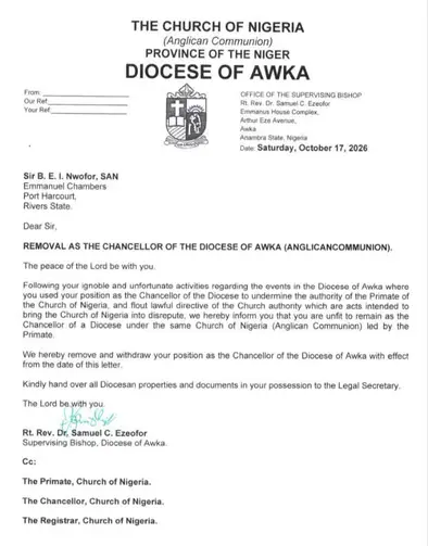 A Divine Purge: Primate Ndukuba and Bishop Ezeofor Hammer Down, Sacking Awka Diocese Lord Chancellor B.E.I. Nwofor, SAN, Over Mutinous Communique