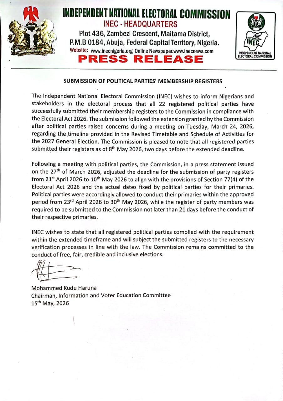 INEC Confirms Submission of Membership Registers by All 22 Political Parties Ahead of 2027 Elections