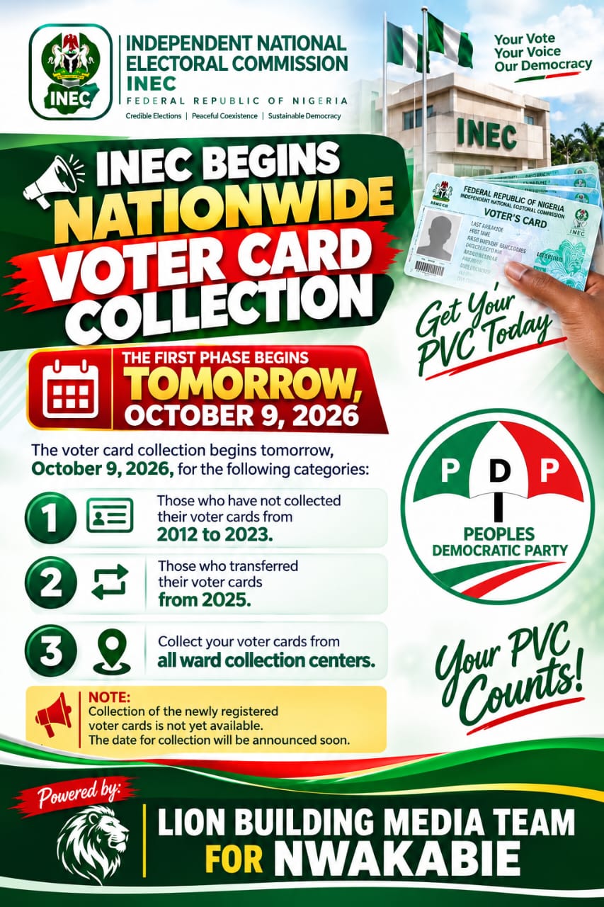INEC Announces Schedule for Nationwide PVC Collection and Display of Voter Register Ahead of 2027 General Elections